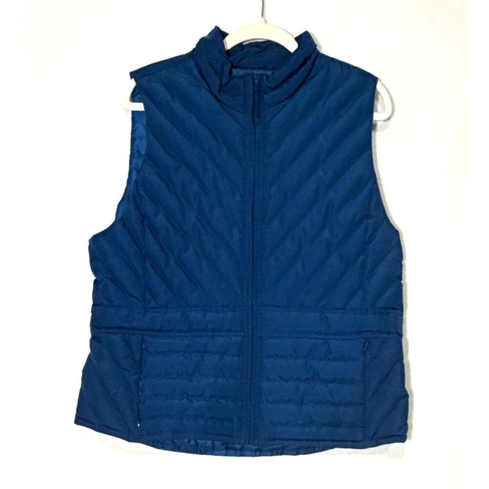LOFT Blue Quilted Puffer Vest L Sleeveless Full Zip Pockets Mock Collar Gorpcore